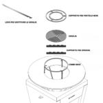 Modularte - Accessori braciere a legna Nerone e Tiberio Sistema COMBI : SET 4 ACCESSORI Accessorio Multifunzione regolabile in altezza ( 5 – 10 – 15 cm ) Pensato per sorreggere GRIGLIA, SPIEDI, WOK IN GHISA. PADELLE . Il supporto COMBI a 3 piedi si può regolare in altezza in base alle temperature in fase di cottura, per variare l'altezza in fase di cottura servono i guantoni da barbecue. Sul SUPPORTO COMBI si possono montare: la GRIGLIA di 10 mm di spessore consente la cottura tradizionale a griglia della carne, il SUPPORTO PER PENTOLA WOK  per cucina con pentole di ogni genere e anche tipo wok, inoltre sul perimetro del supporto sono presenti fori per infilare e sorreggere lunghi spiedi, 2 SUPPORTI SPIEDI che si fissano sul supporto COMBI nelle asole predisposti: grazie alla forma a dente di sega dei supporti e gli spiedi di forma piatta si può cuocere in modo uniforme senza rotolamenti incontrollati dello spiedo Per montare o rimuovere la griglia si può utilizzare il pratico profilo in acciaio inox inserendolo nell'apposita asola mostrate nelle foto, potrete smontare la griglia anche se molto calda. Oltre a questa funzione potrete utilizzare il profilo in acciaio per muove la legna come tizzone.