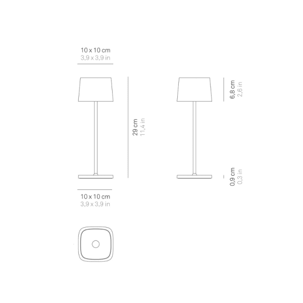 Zafferano - Lampada da Tavolo Ofelia pro sabbia Lampada da tavolo ricaricabile con cavo USB, corpo in alluminio verniciato, diffusore in policarbonato, lampada a LED da 2.2 W dimmerabile da 2700° a 3000° K, disegnata da Federico De Majo per Zafferano. Dimensioni: Base 10x10 cm, Altezza 29 cm, Diffusore 10x10 cm Materiali: Alluminio, Policarbonato