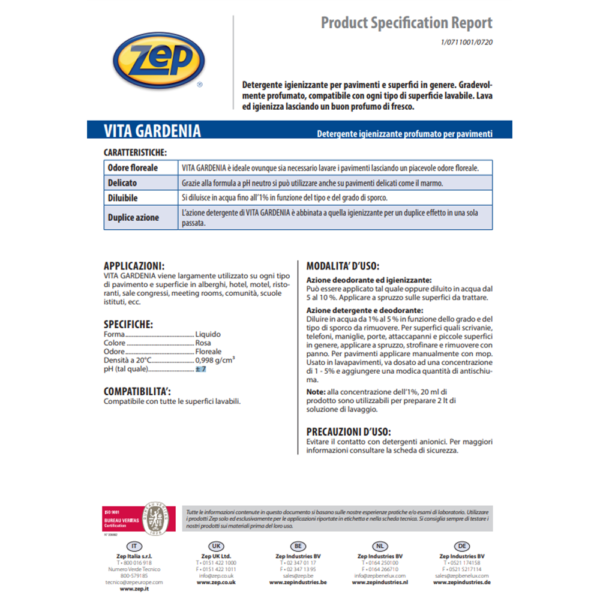 Zep - Vita Gardenia Detergente Profumato per Pavimenti - 1Lt